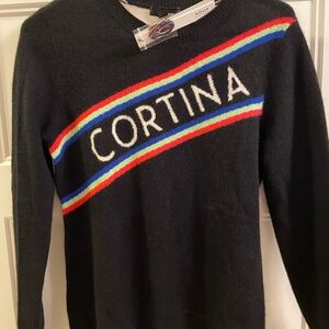 Aqua Cashmere Black Sweater with Multicolor Stripes